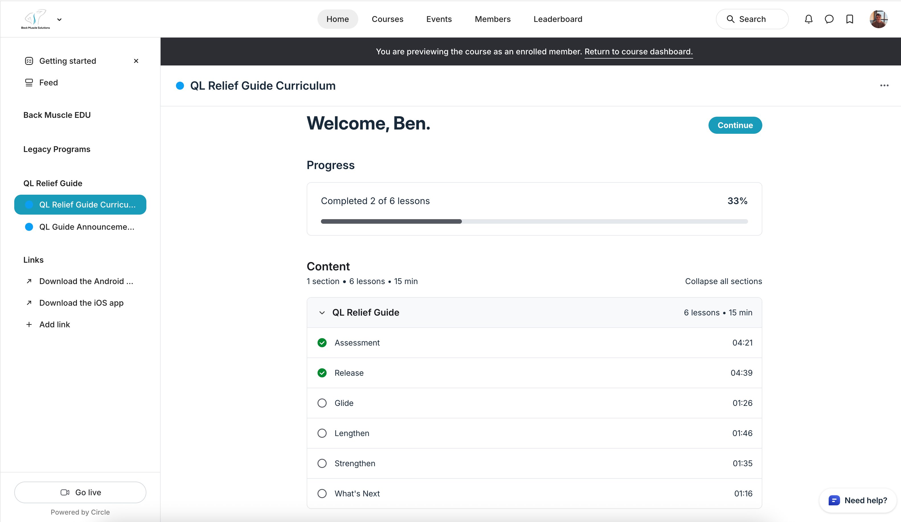 Course dashboard with 'QL Relief Guide Curriculum